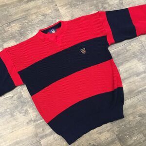 Vintage SALTY DOG‎ Men Crewneck Sweater Medium Red Blue Stripe Chunky USA Made